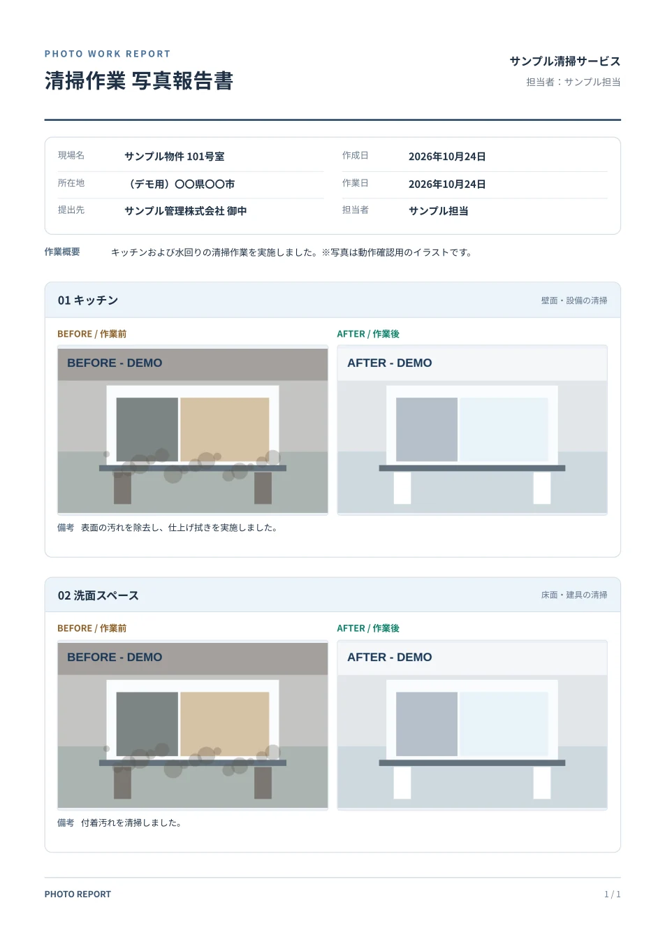 写真報告書メーカーが出力する作業前後のA4写真報告書サンプル(説明用イラスト)